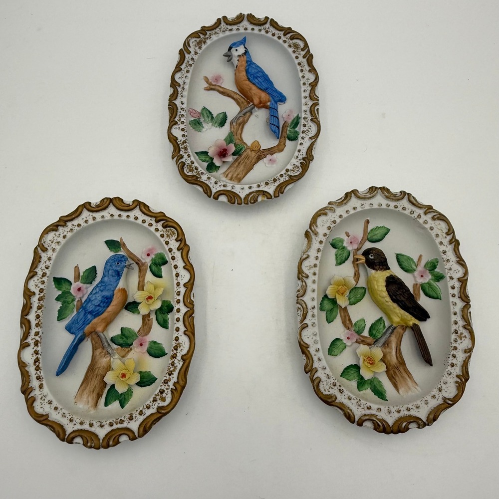 Vintage Homco Porcelain Bird Wall Plaques Set of 3 Blue Jay Songbirds 1245